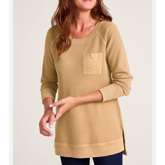 Soft Surroundings Womens L Tan Autumn Waffle Knit Tunic Top Thermal Pocket Boho - Picture 1 of 12